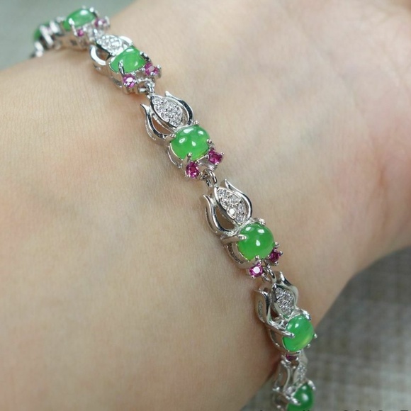 Certified Icy Green 100% Natural A jadeite Jade Bracelets S925 Silver 手链 - Picture 9 of 11
